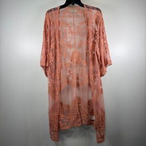 Polagram Sheer Mesh Floral‎ Embroidered Kimono Cardigan Coral S/M Boho Duster